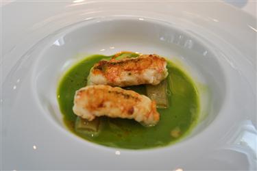 Maison Pic, La Langustine De Petits Bateaux, Cuisinee A La Rhubarbe, Bouillon Au Celeri Vert Et Rhubarbe, Legerement Aromatise Au Poivre De Tasmanie